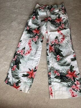 Tommy Bahama White Linen Tropical Floral Pants with Pink & Green Accents